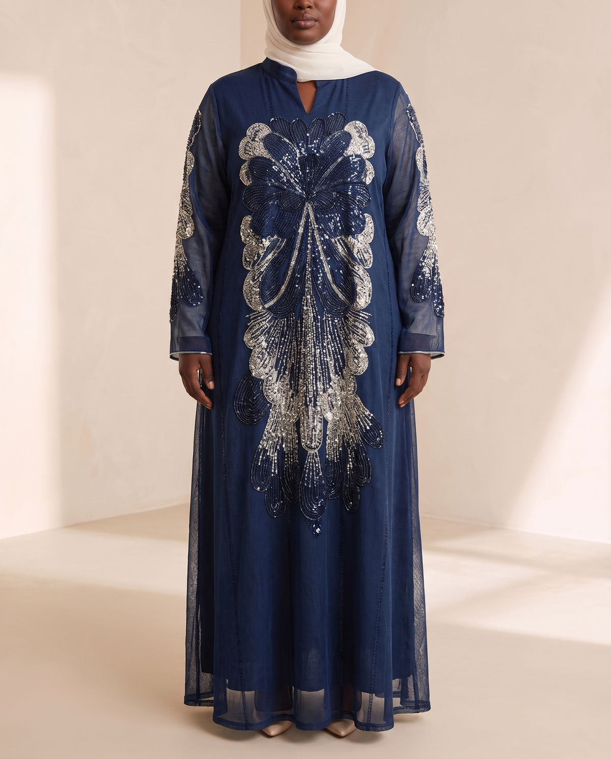 Sana embellished evening abaya in Navy, front