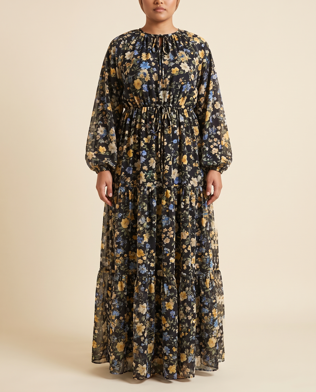 Floral chiffon tiered maxi dress in Black Floral, front
