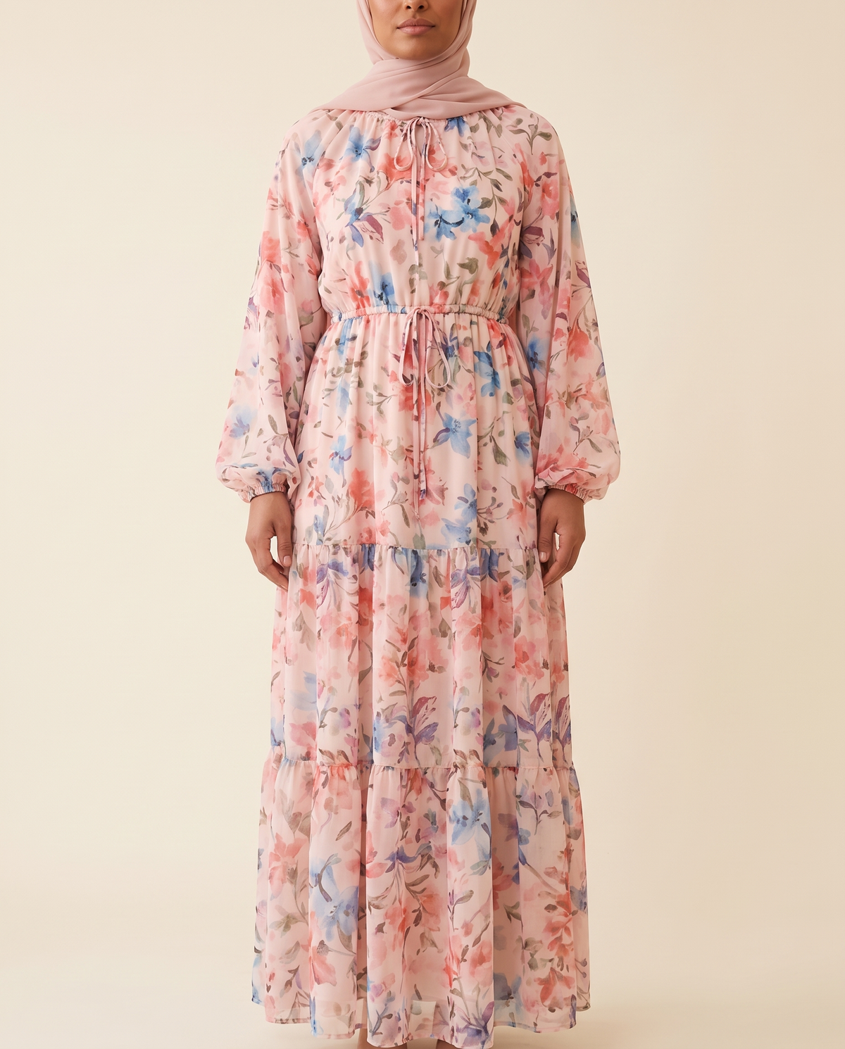 Floral chiffon tiered maxi dress in Pink Floral, front