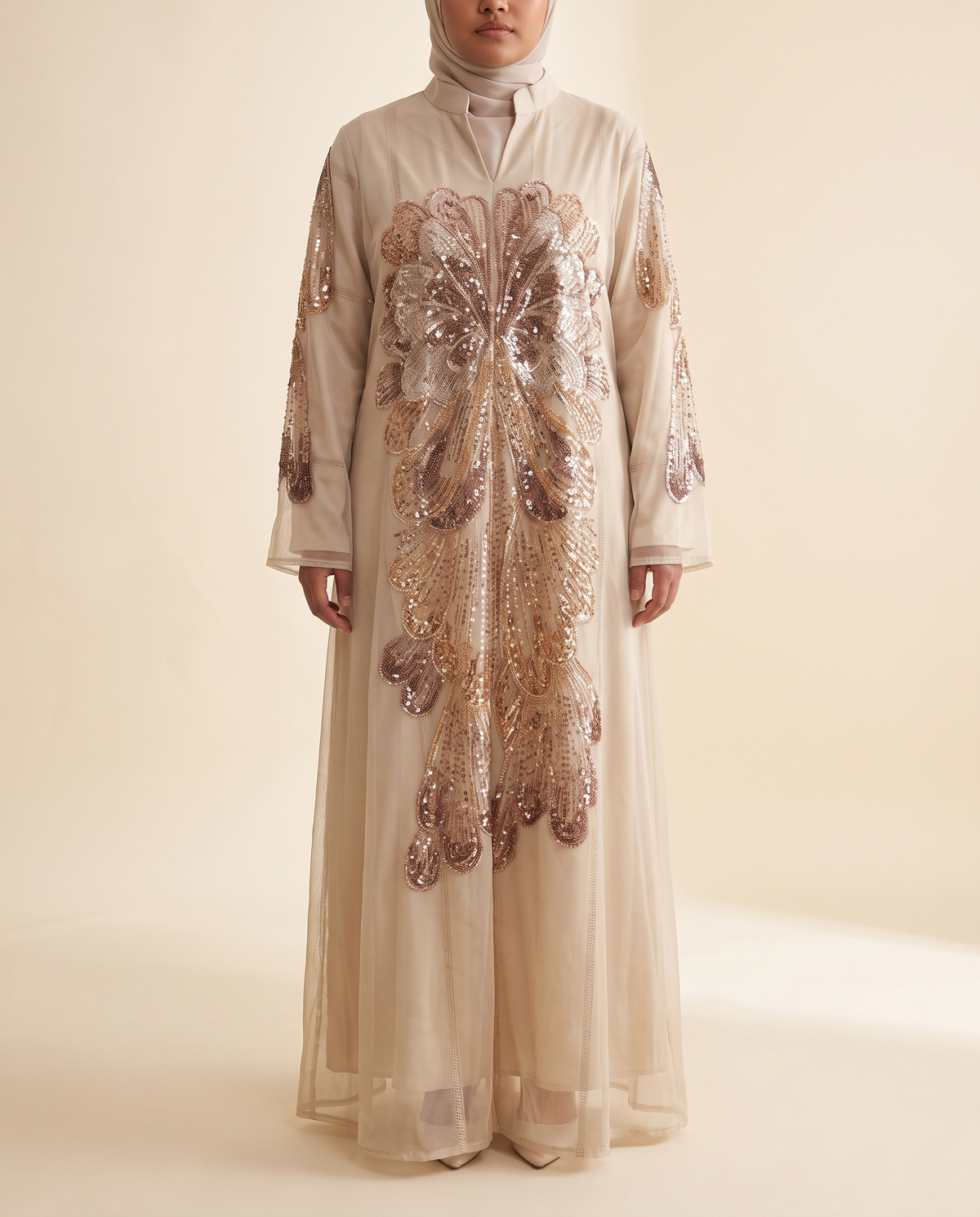 Sana embellished evening abaya in Champagne, front