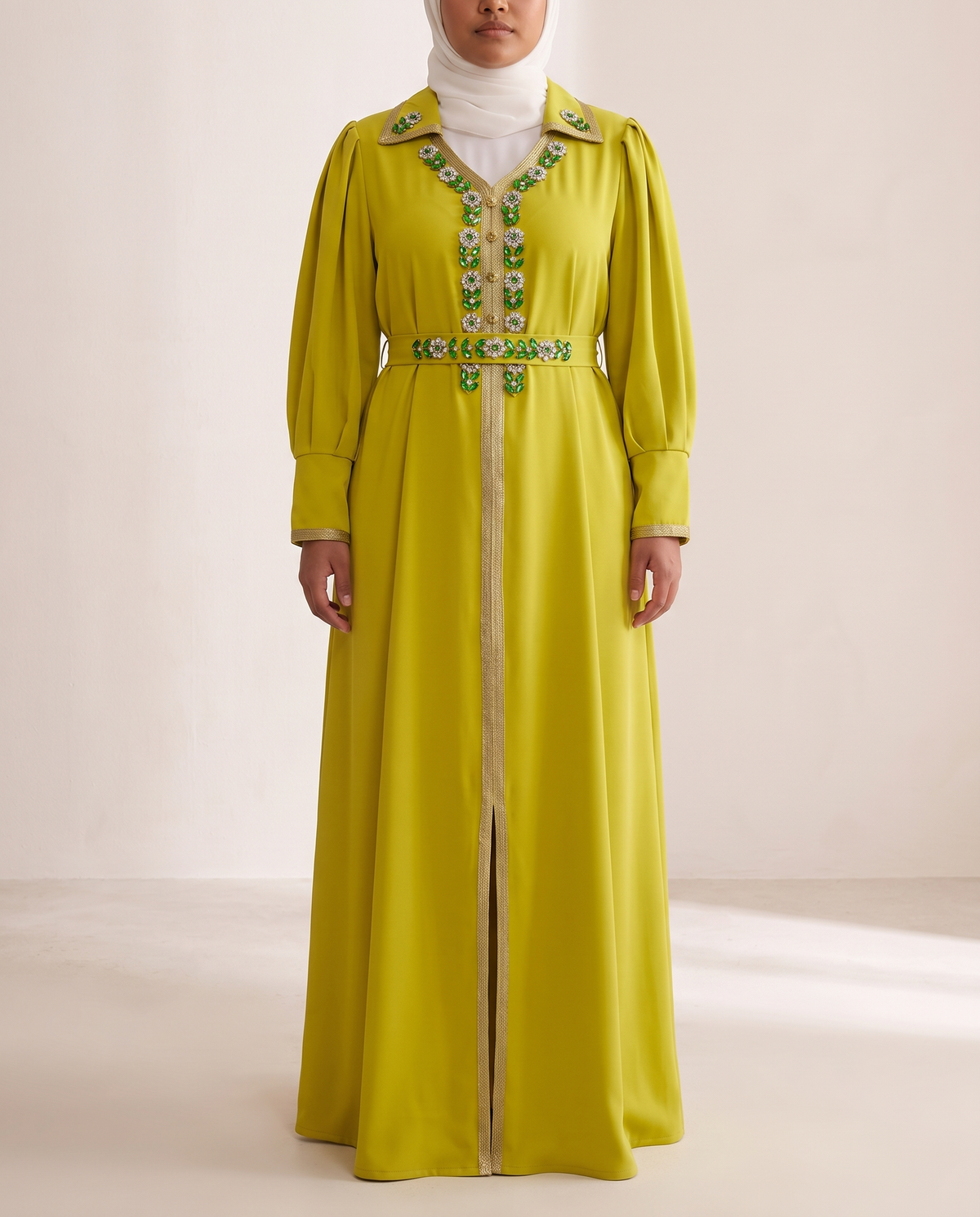Sahar diamanté lapel abaya dress in Chartreuse, front