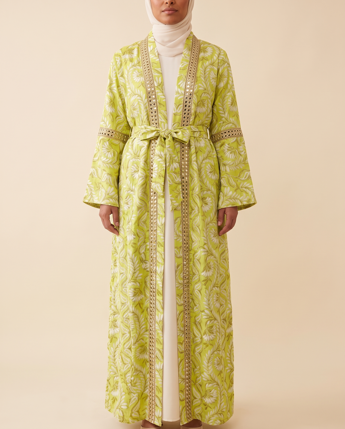 Printed open abaya set in Lime, front