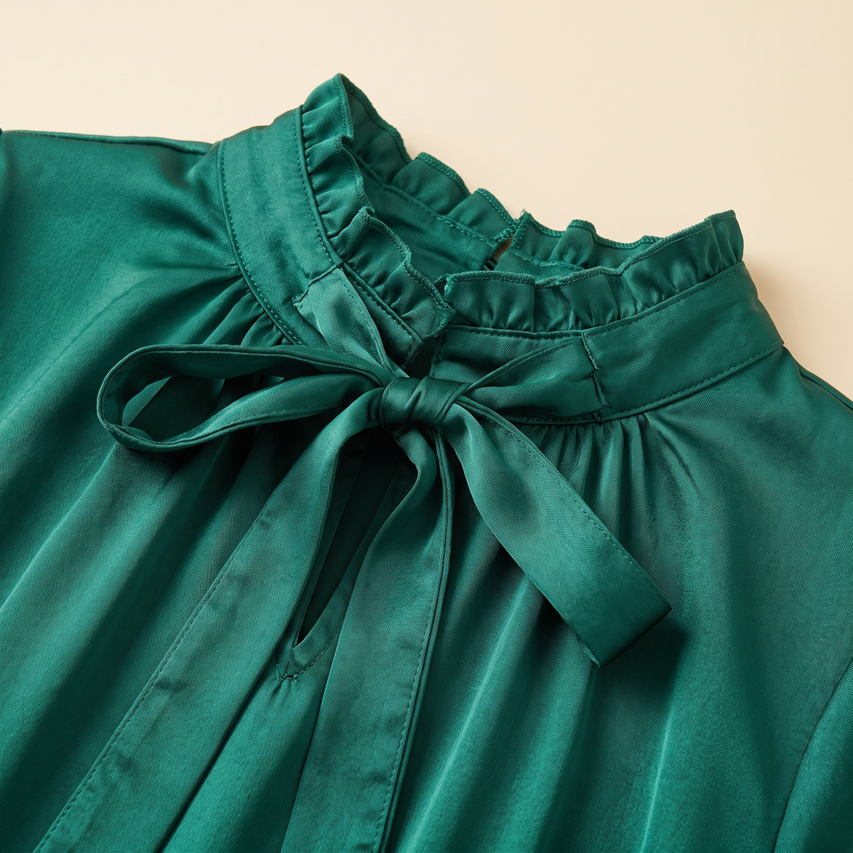 Satin belted maxi abaya — gathered neckline and sash detail