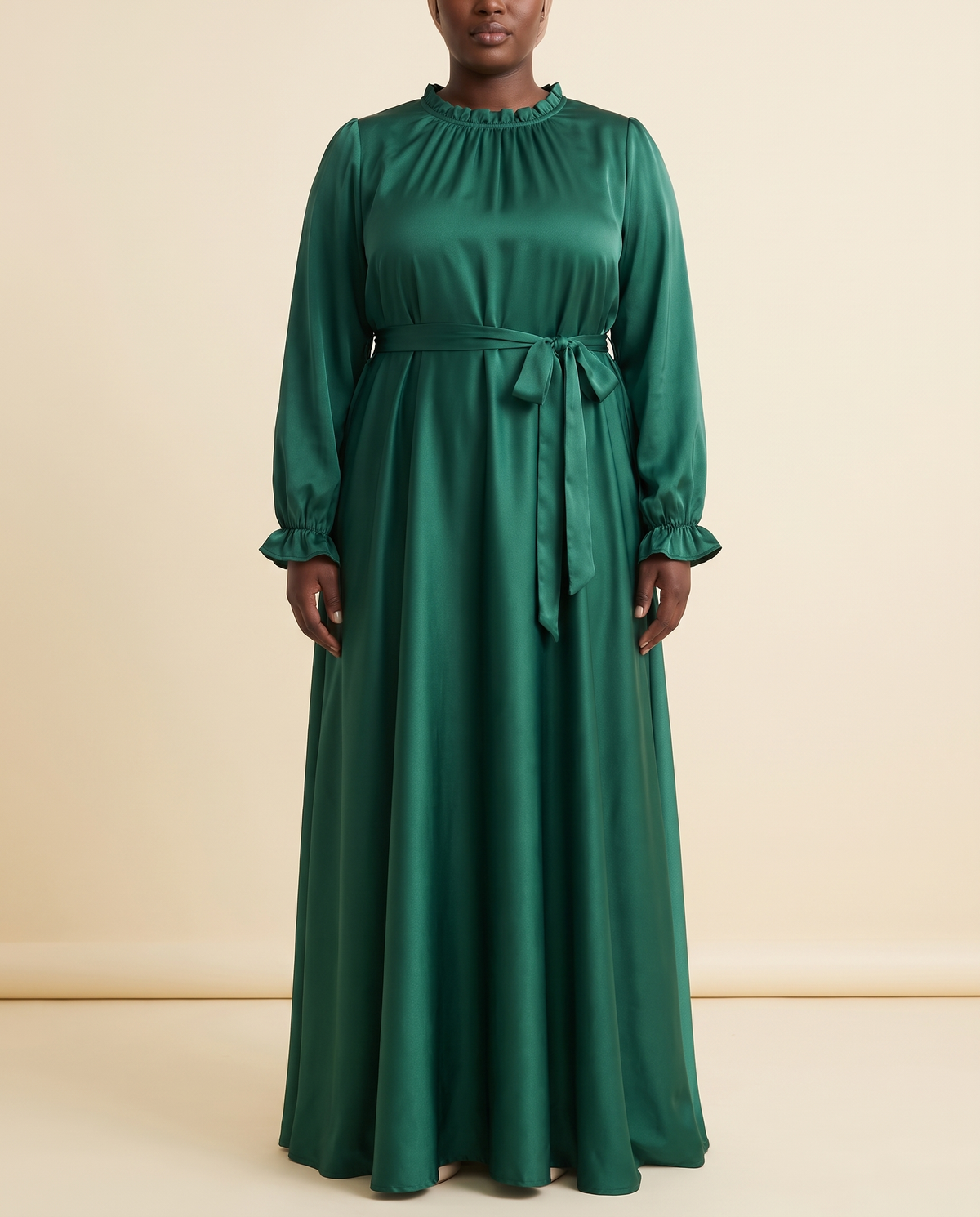 Satin belted maxi abaya in Emerald, front