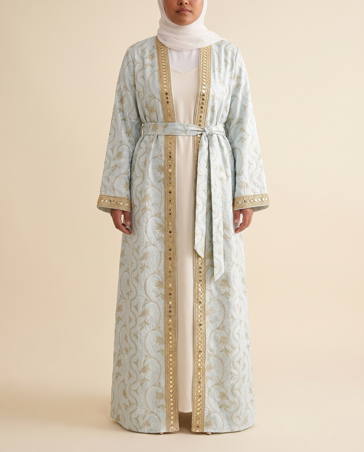 Printed open abaya set in Pale Blue, front