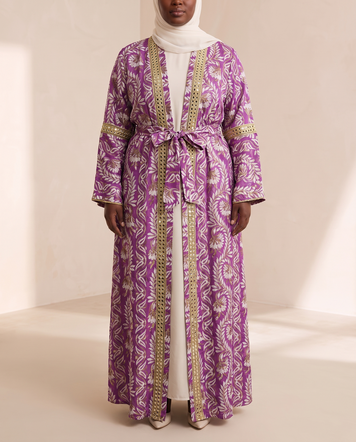 Printed open abaya set in Purple, front