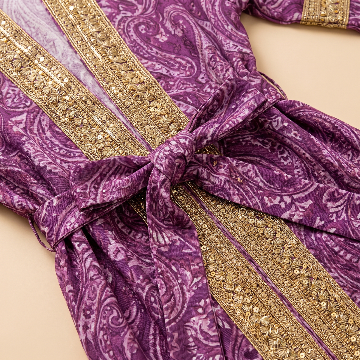 Printed open abaya set — gold embroidered border and sash detail