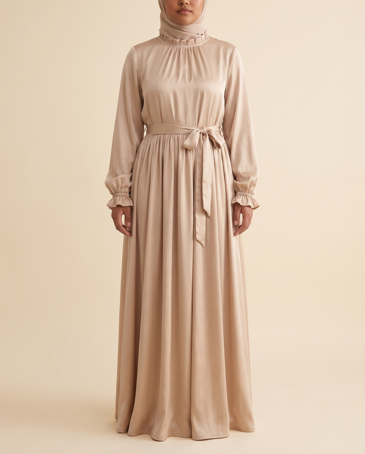 Satin belted maxi abaya in Champagne, front
