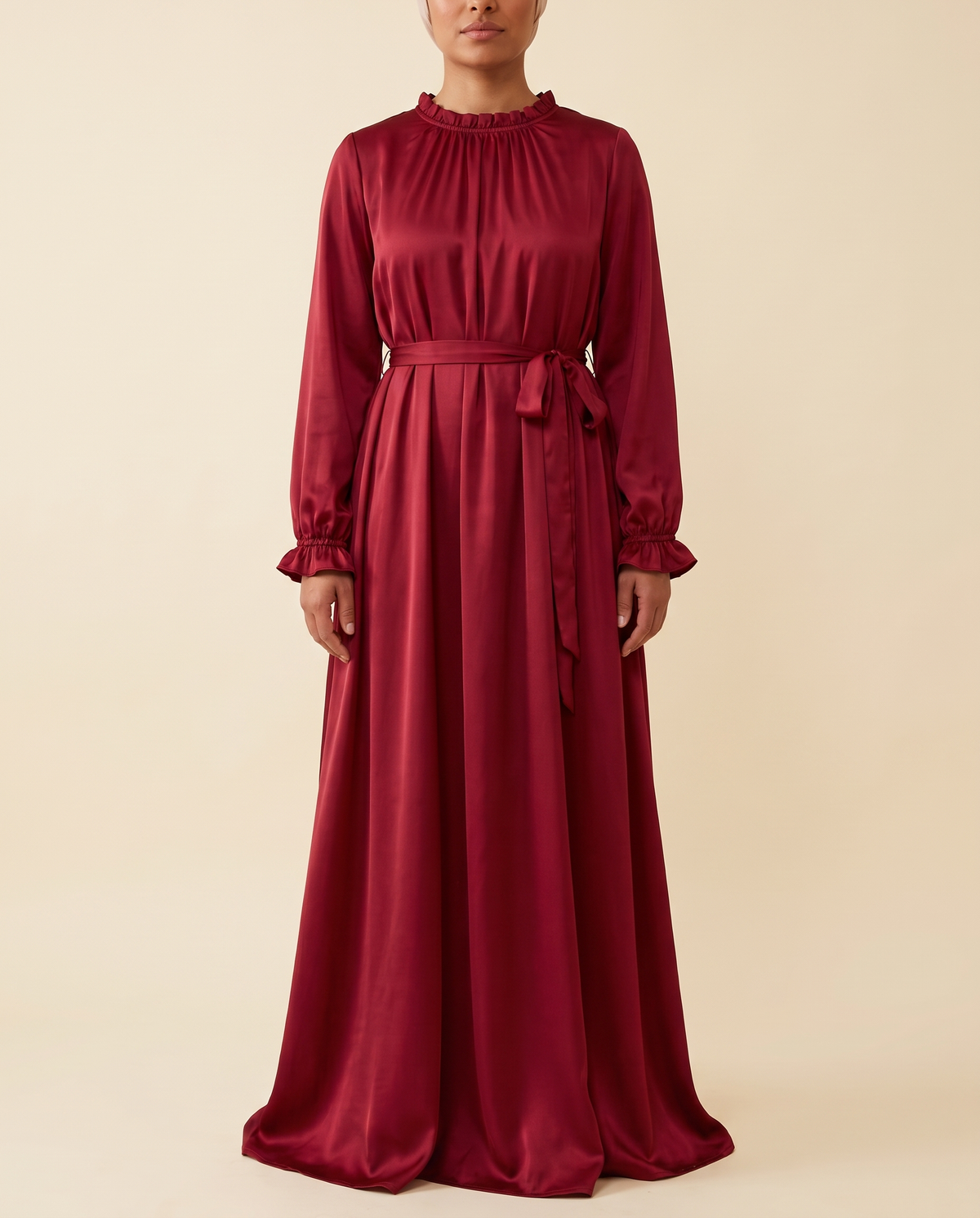 Satin belted maxi abaya in Wine Red, front