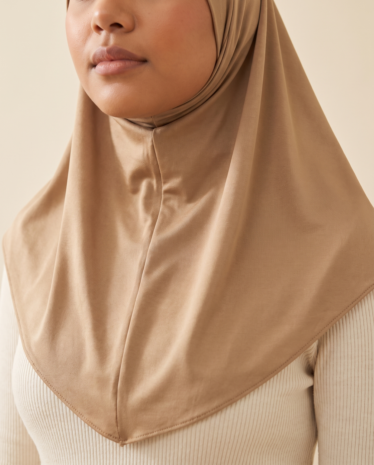 Satin instant hijab in Camel, worn
