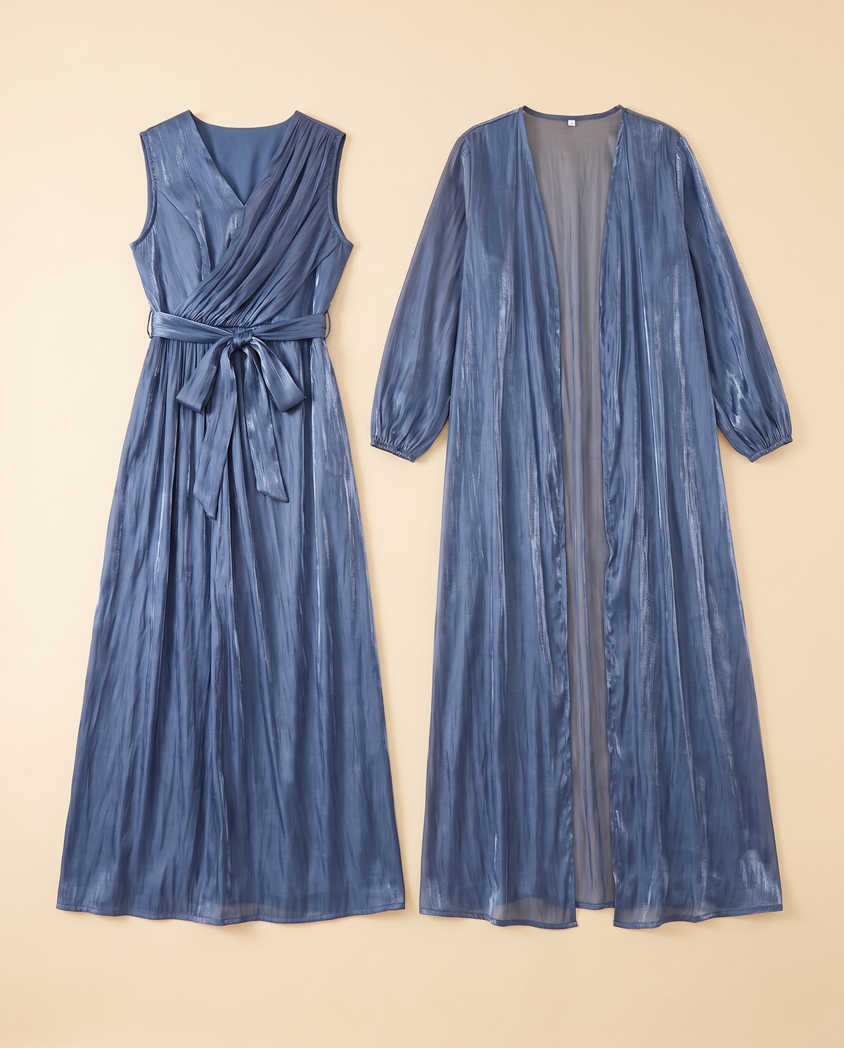 Shimmer satin wrap dress and sheer abaya set in Steel Blue, flat lay
