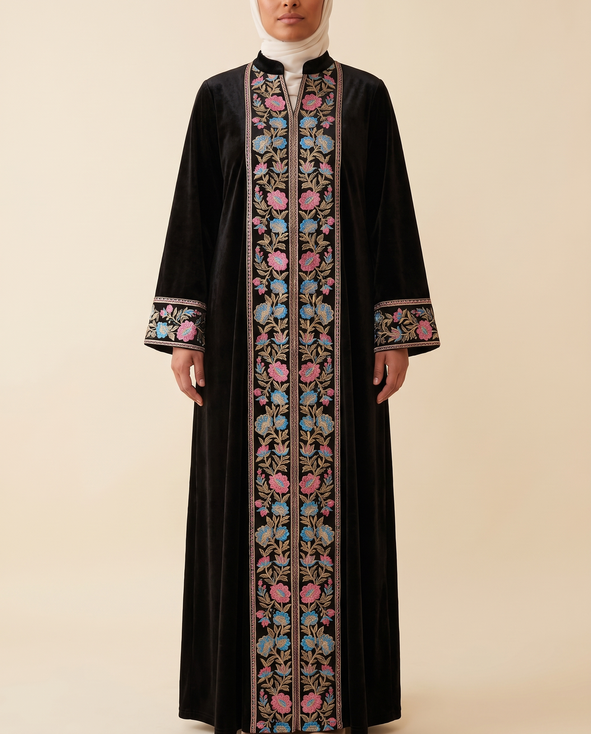 Selin embroidered velvet kaftan in Black, front (2)