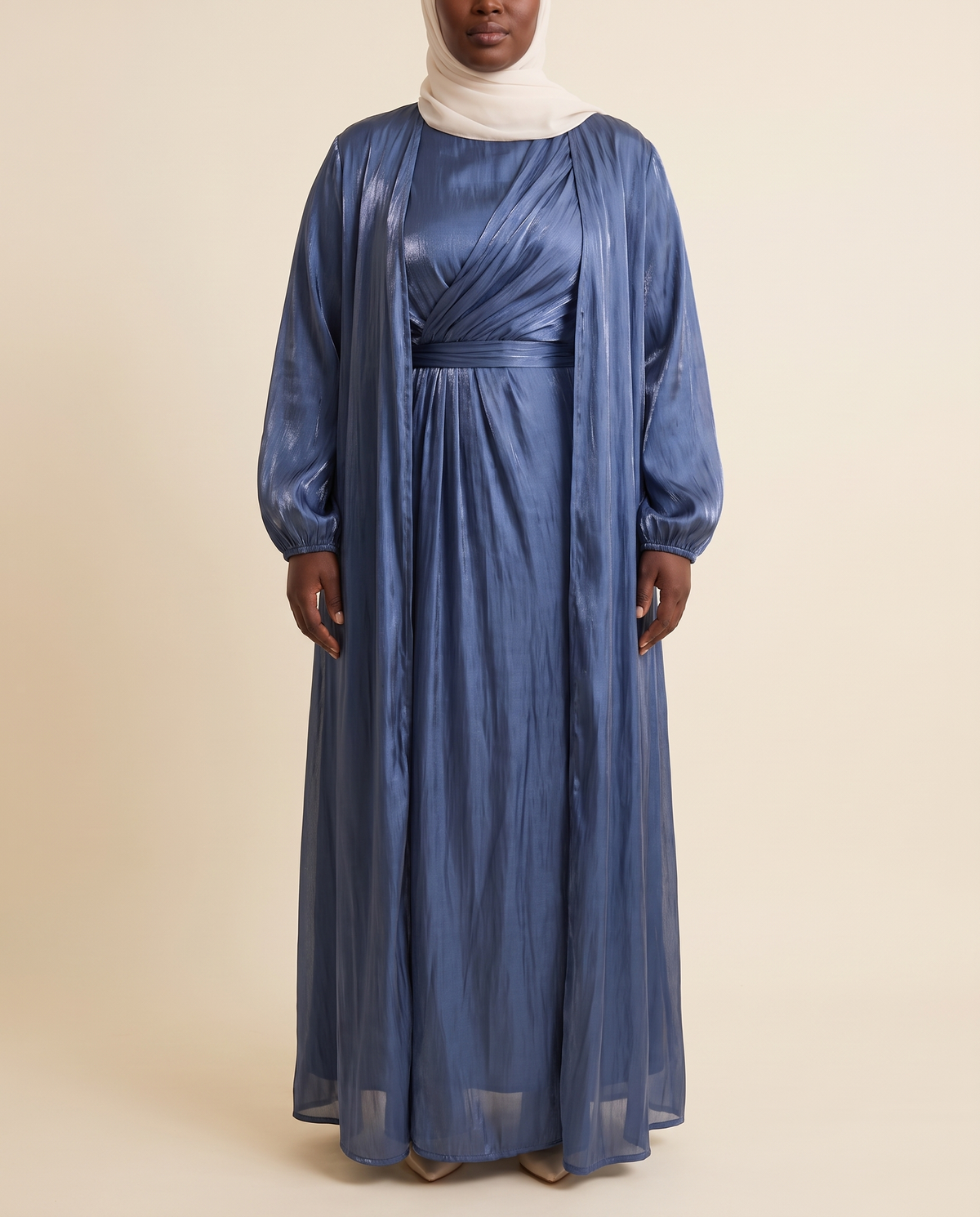 Shimmer satin wrap dress and sheer abaya set in Steel Blue, front