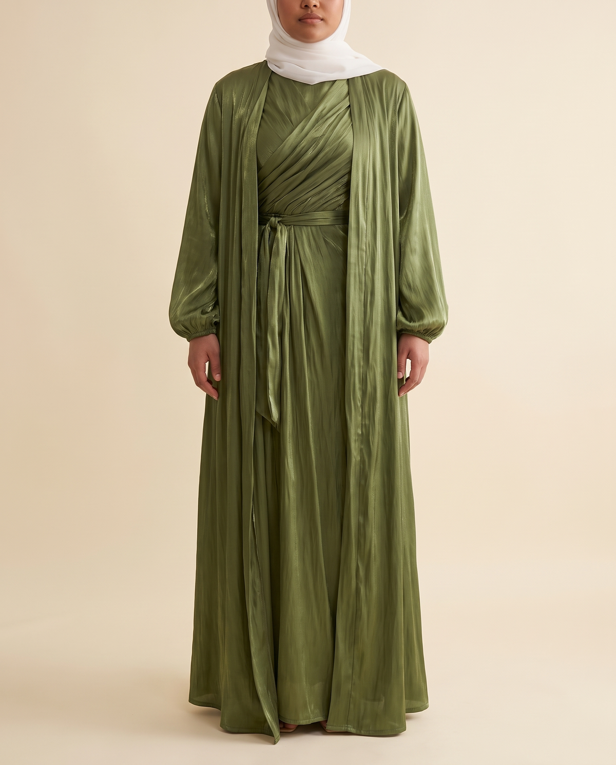 Shimmer satin wrap dress and sheer abaya set in Olive, front