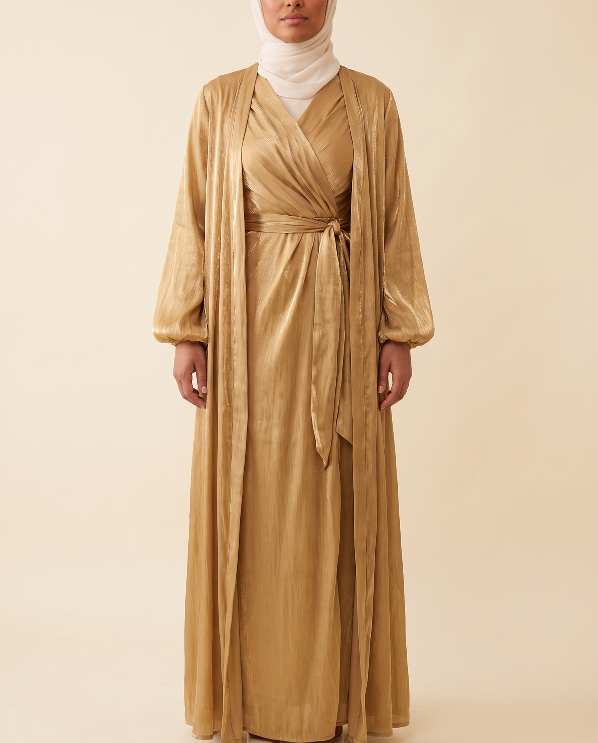 Shimmer satin wrap dress and sheer abaya set in Gold, front