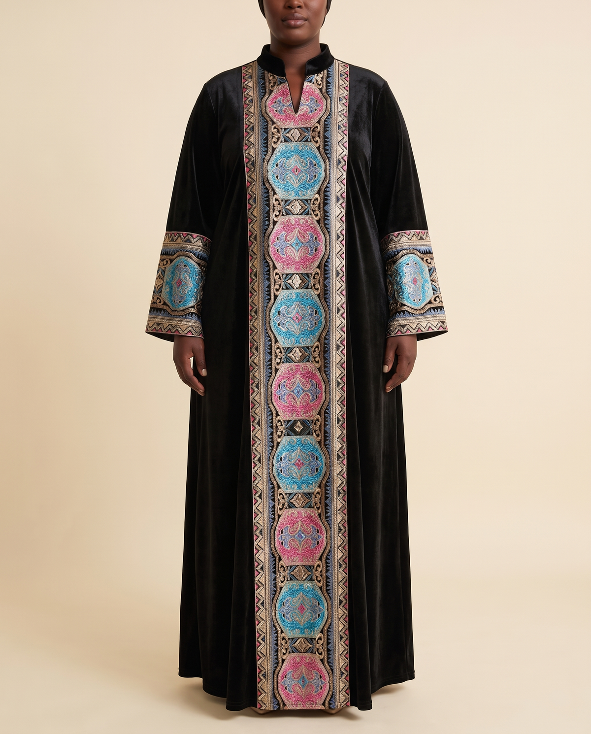 Selin embroidered velvet kaftan in Black, front