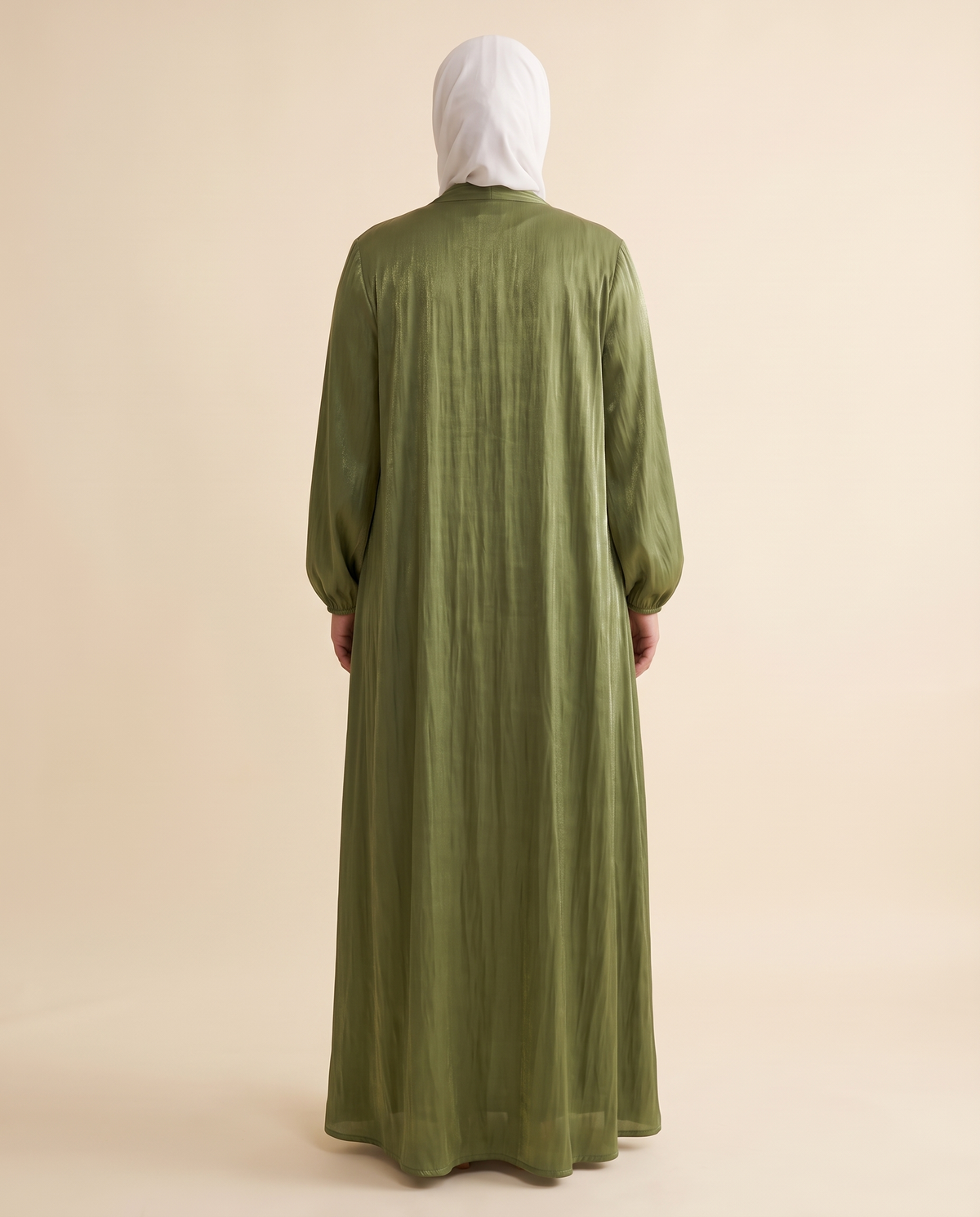 Shimmer satin wrap dress and sheer abaya set in Olive, back view