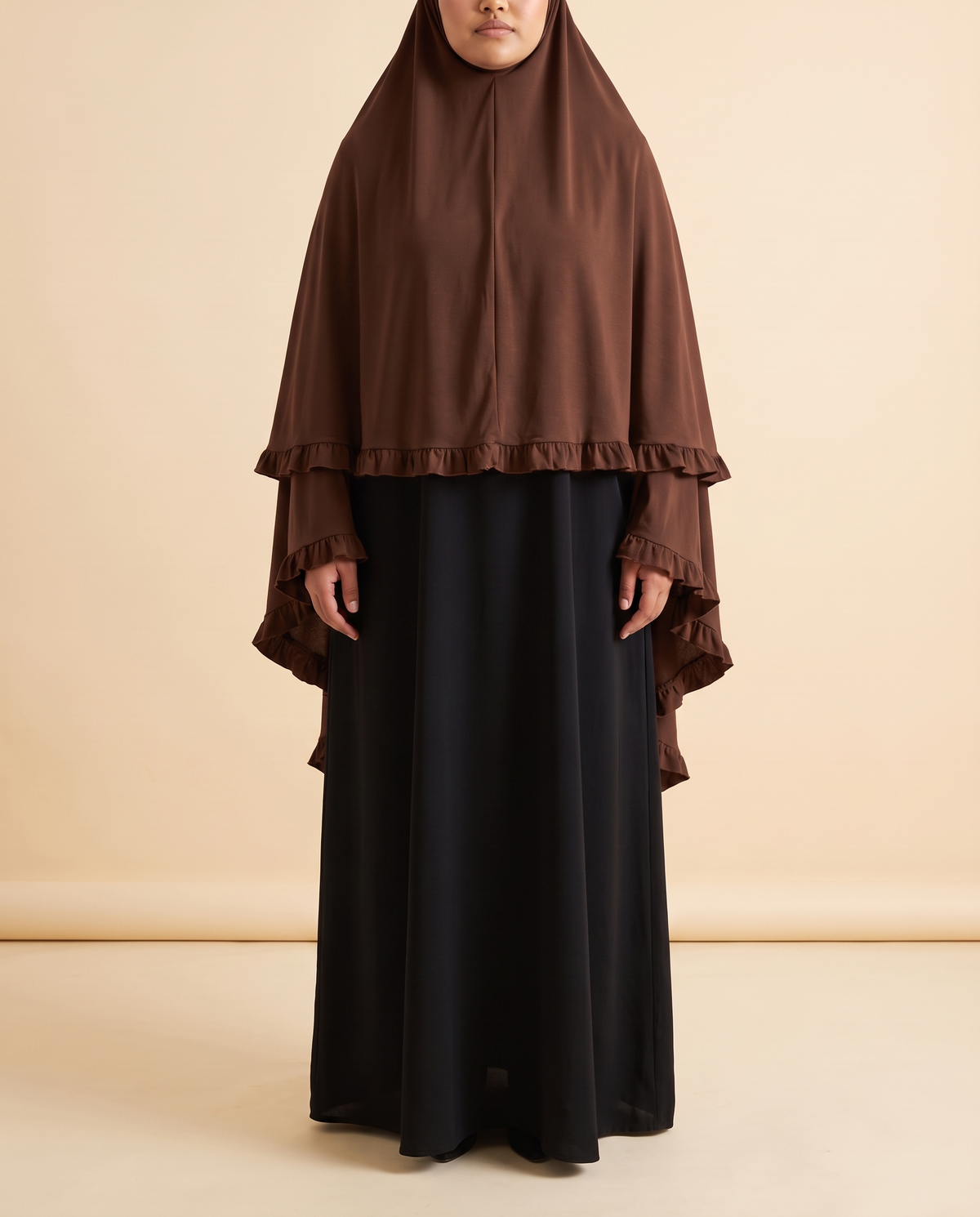 Sakina overhead khimar in Coffee, front