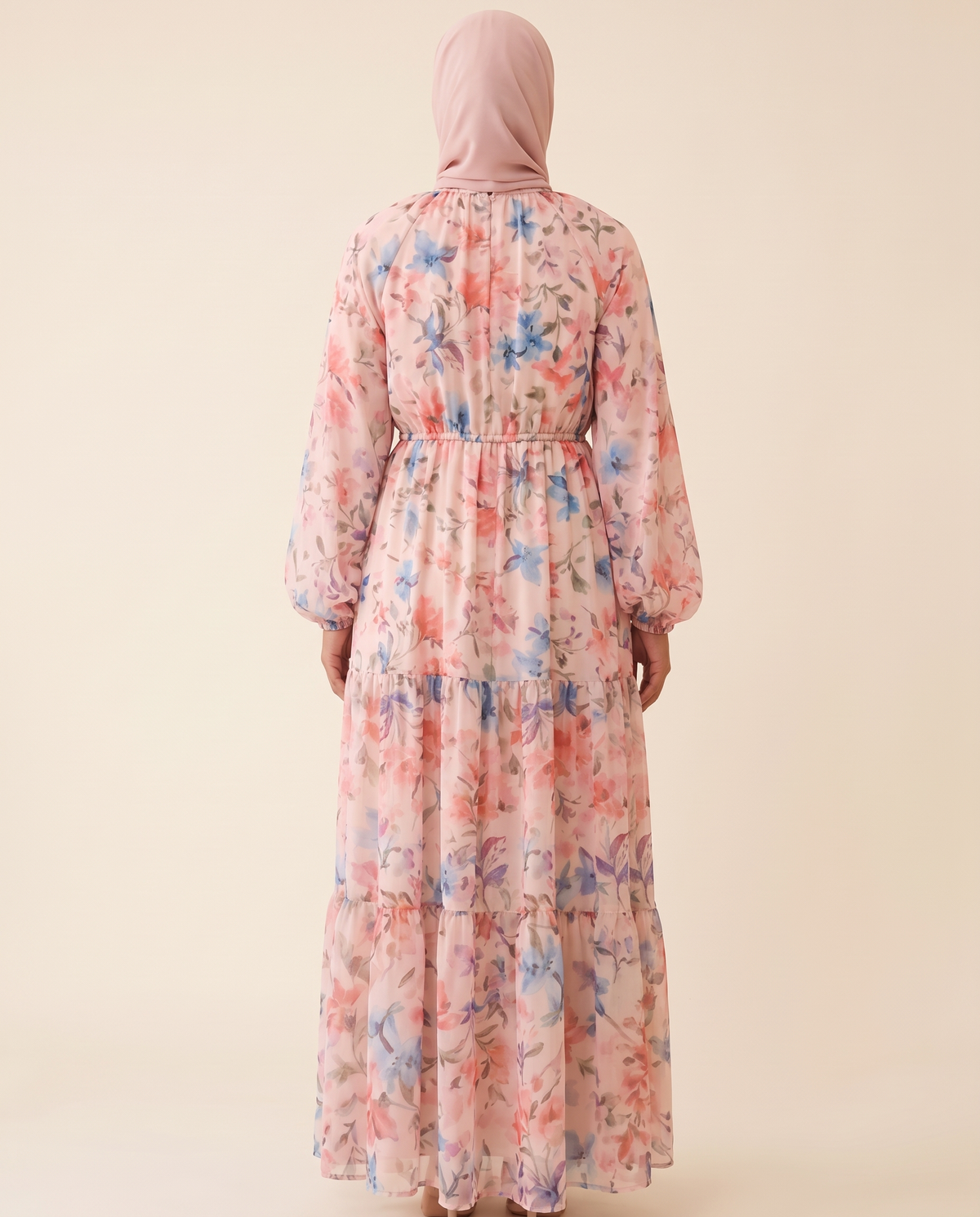 Floral chiffon tiered maxi dress in Pink Floral, back view