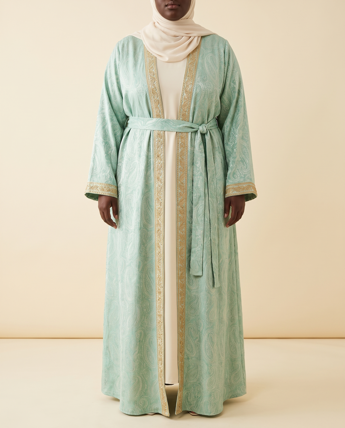 Printed open abaya set in Mint, front