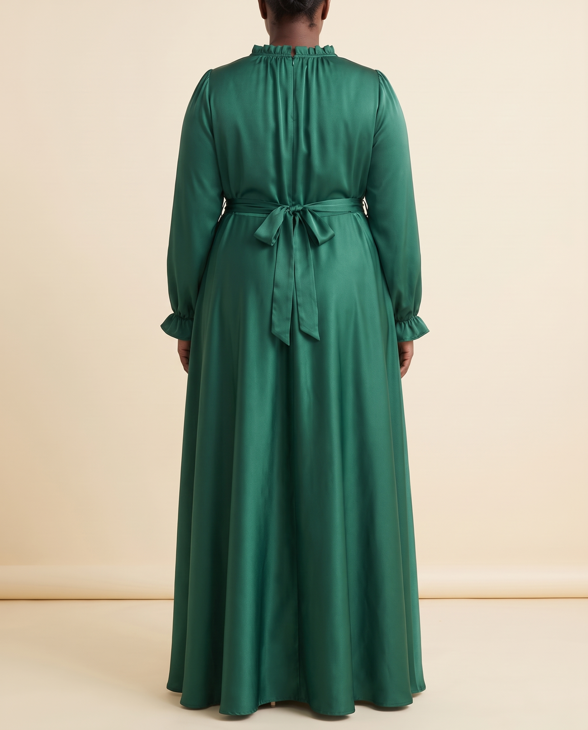 Satin belted maxi abaya in Emerald, back view