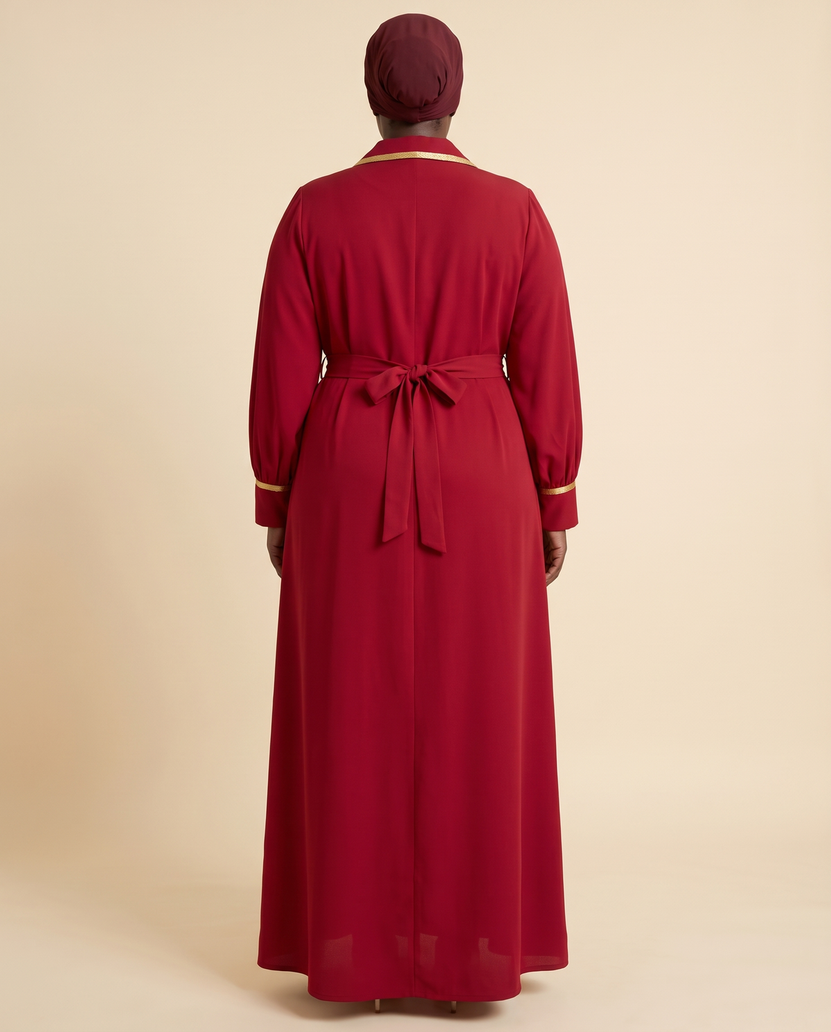 Sahar diamanté lapel abaya dress in Red, back view