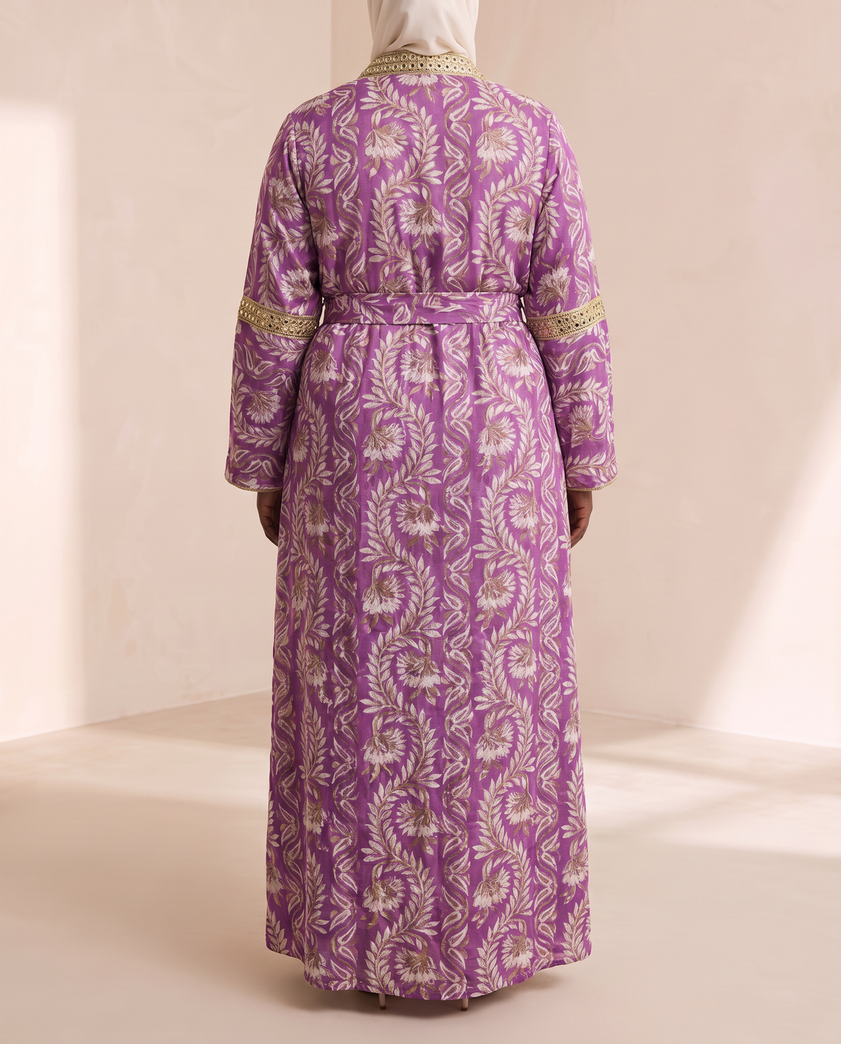 Printed open abaya set in Purple, back view