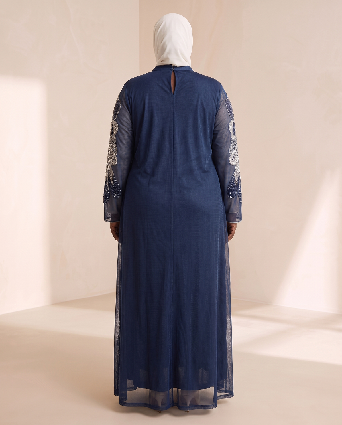 Sana embellished evening abaya in Navy, back view