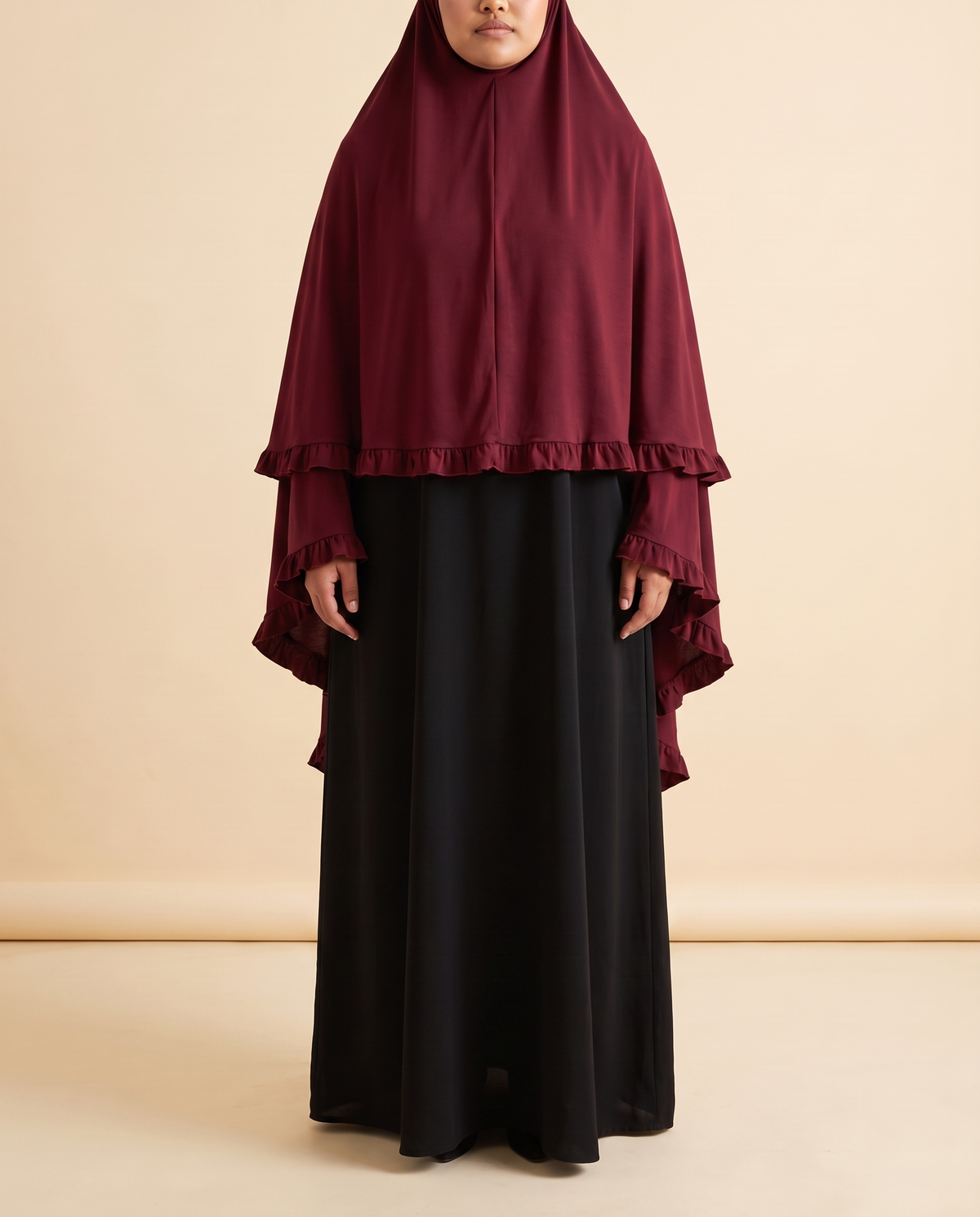 Sakina overhead khimar in Wine Red, front
