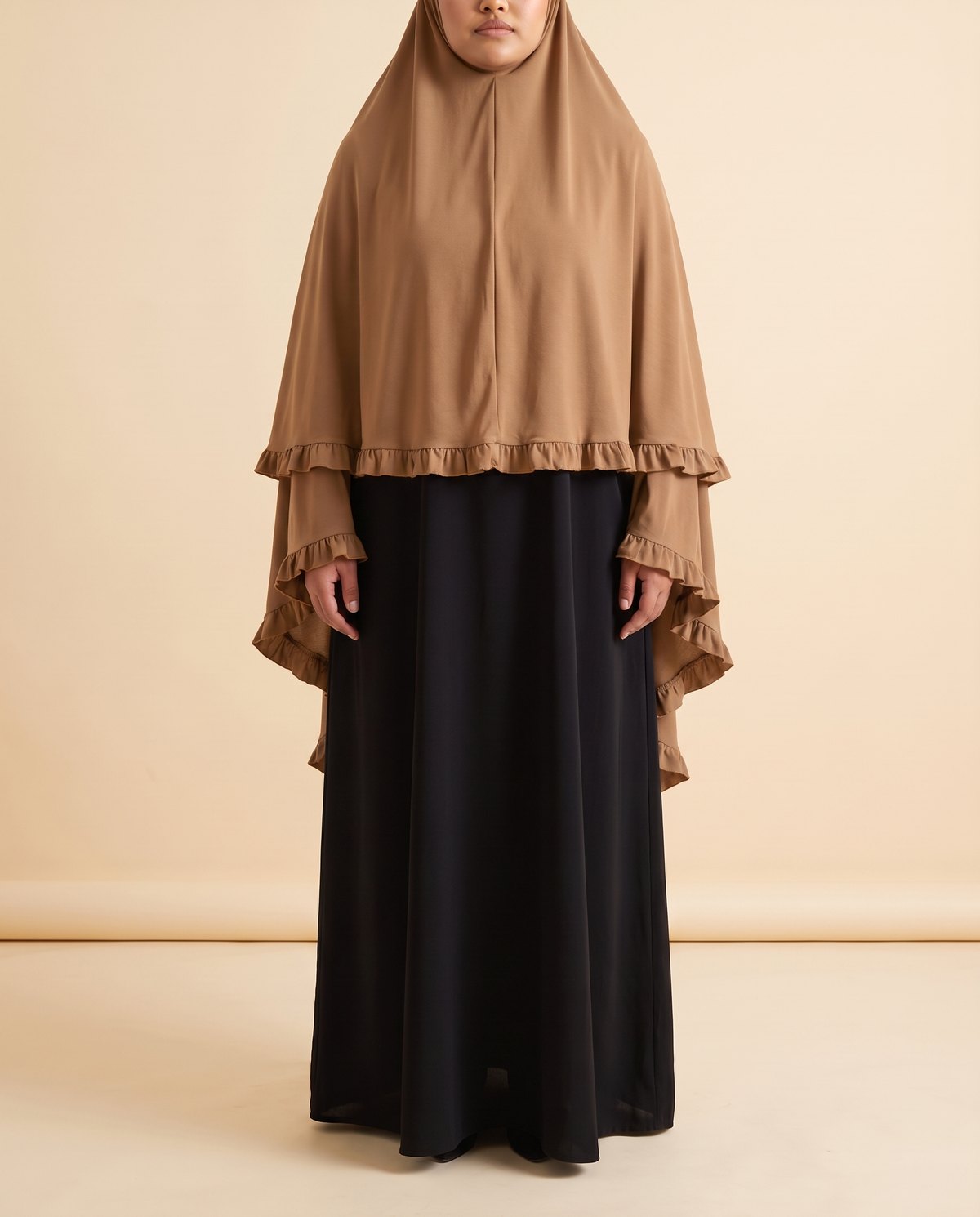 Sakina overhead khimar in Camel, front