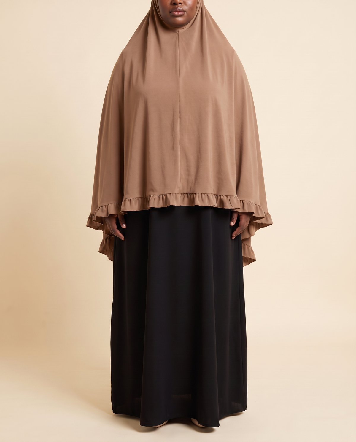 Sakina overhead khimar in Tan, front