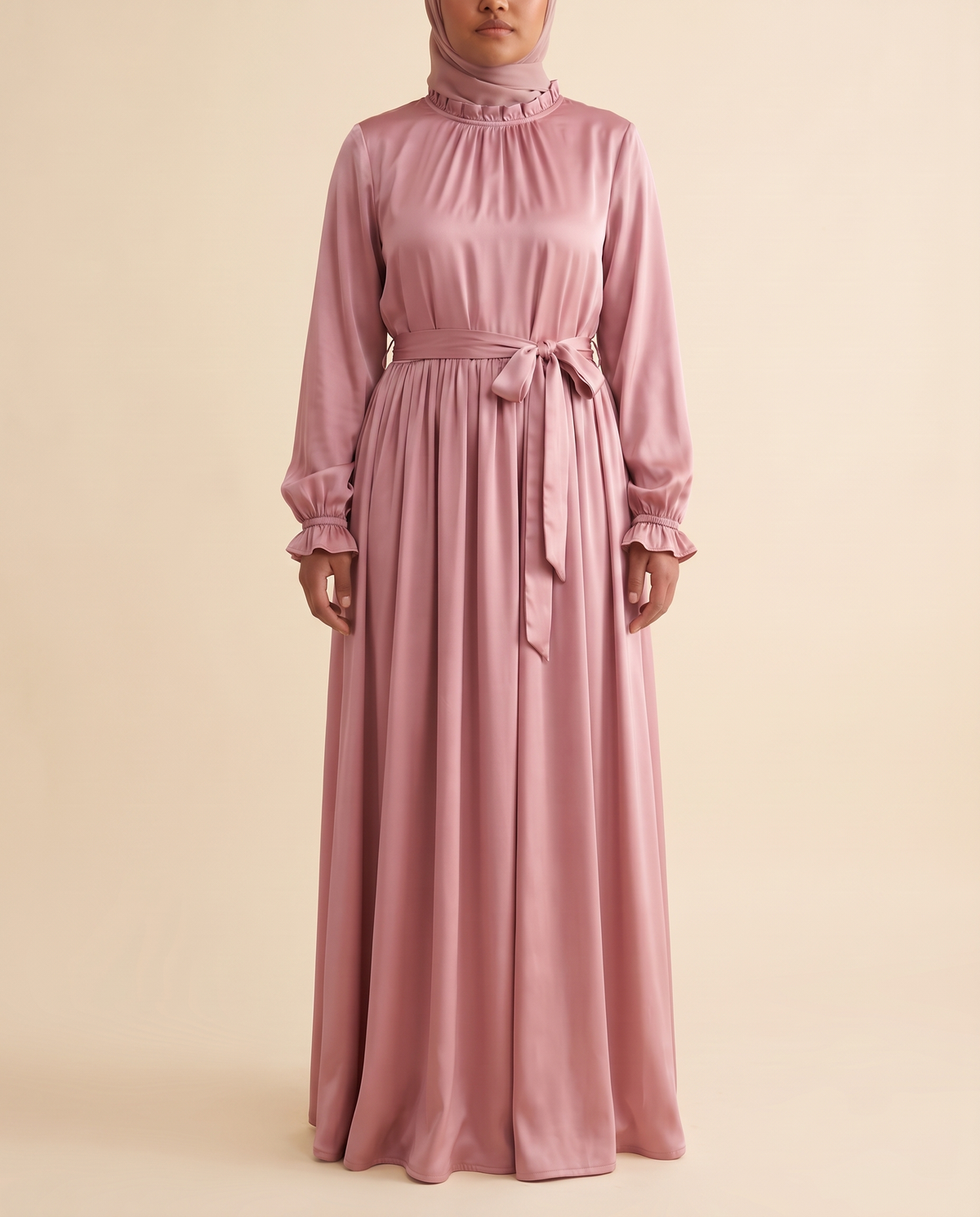Satin belted maxi abaya in Dusty Pink, front