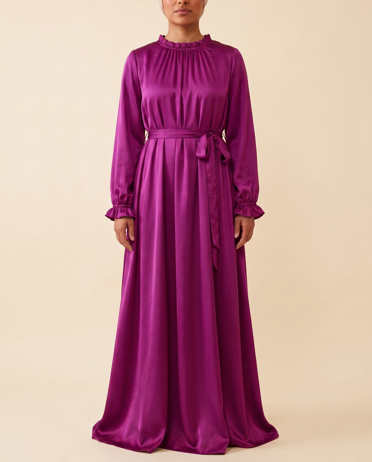 Satin belted maxi abaya in Purple, front