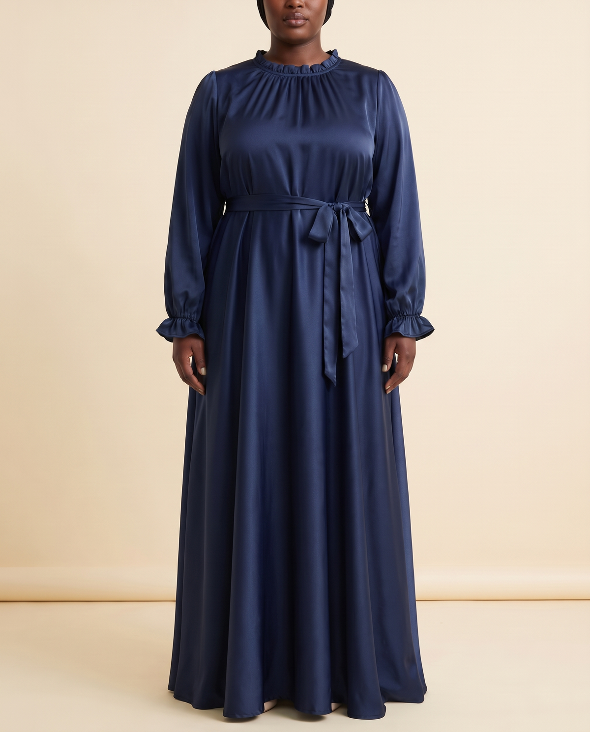Satin belted maxi abaya in Navy, front