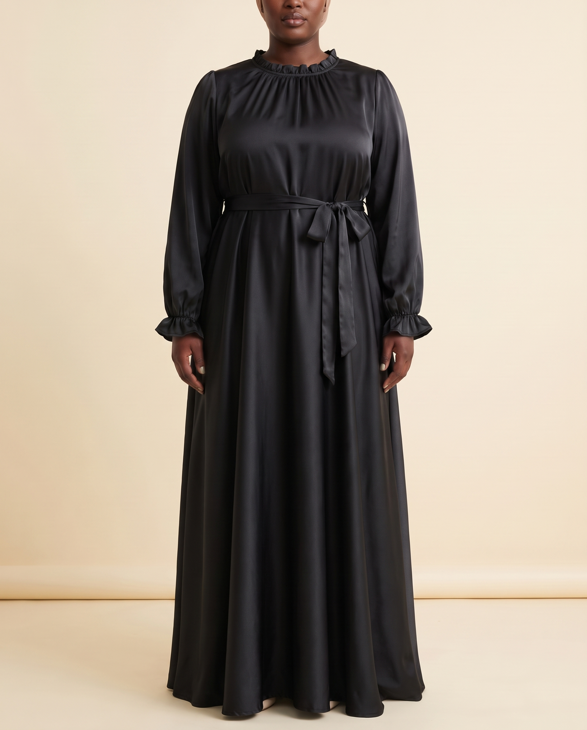 Satin belted maxi abaya in Black, front