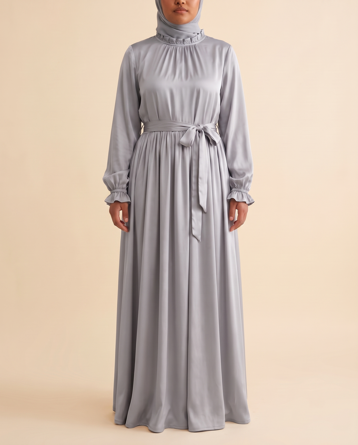 Satin belted maxi abaya in Silver Grey, front