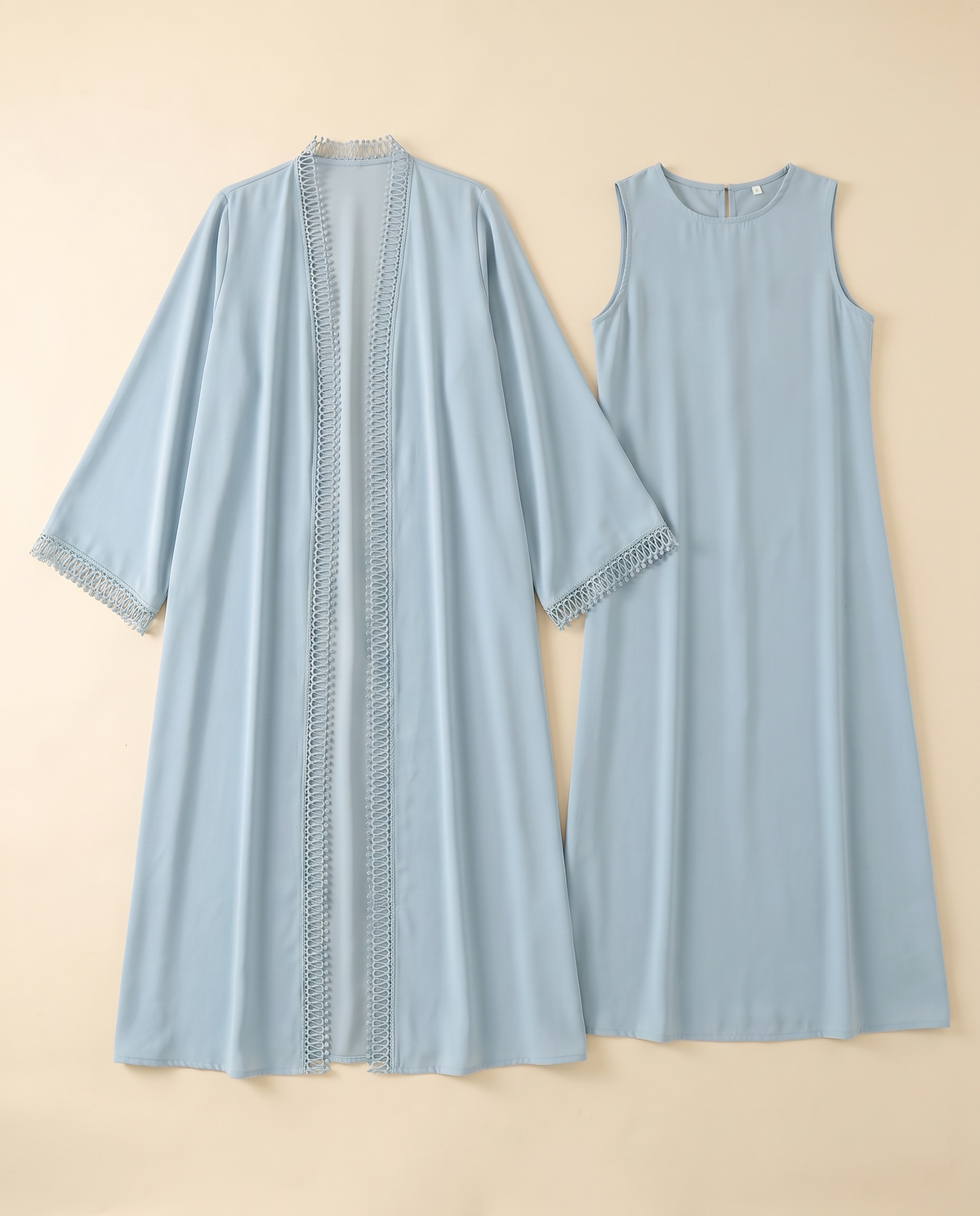 Lace-trim open abaya and slip dress set in Sky Blue, flat lay