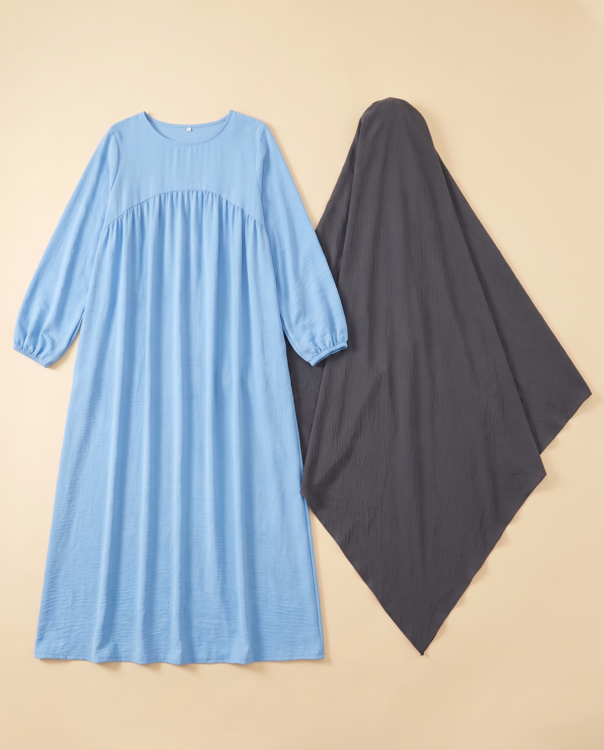 Shatha lantern sleeve prayer set in Light Blue & Dark Grey, flat lay