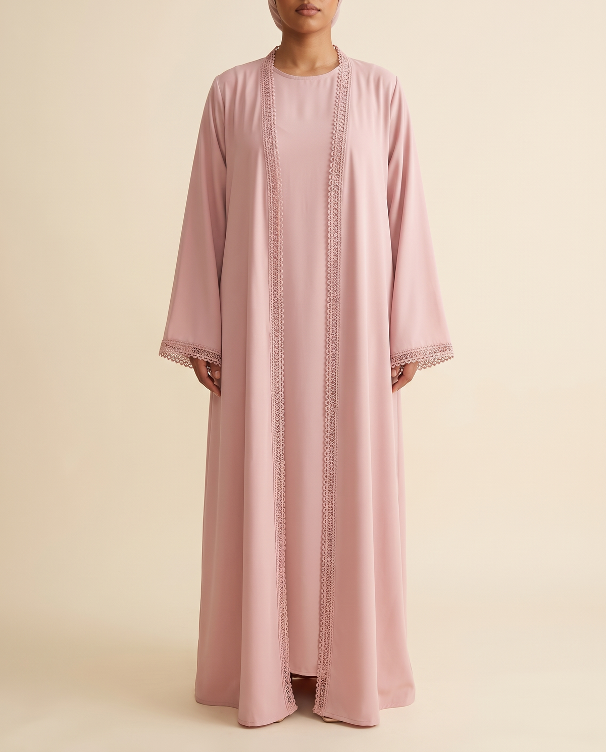 Lace-trim open abaya and slip dress set in Pink, front