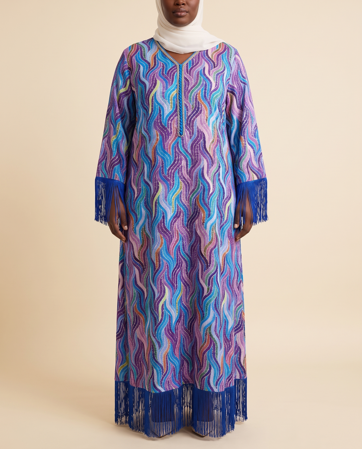 Shirin printed tassel-hem kaftan in Blue Print, front