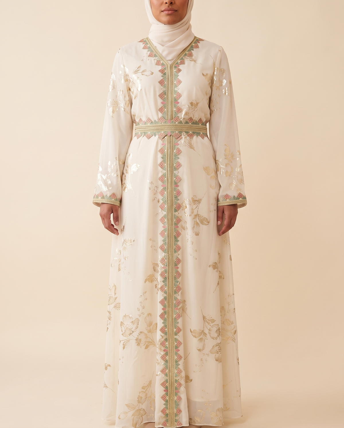 Soraya embroidered belted kaftan in Ivory, front (2)
