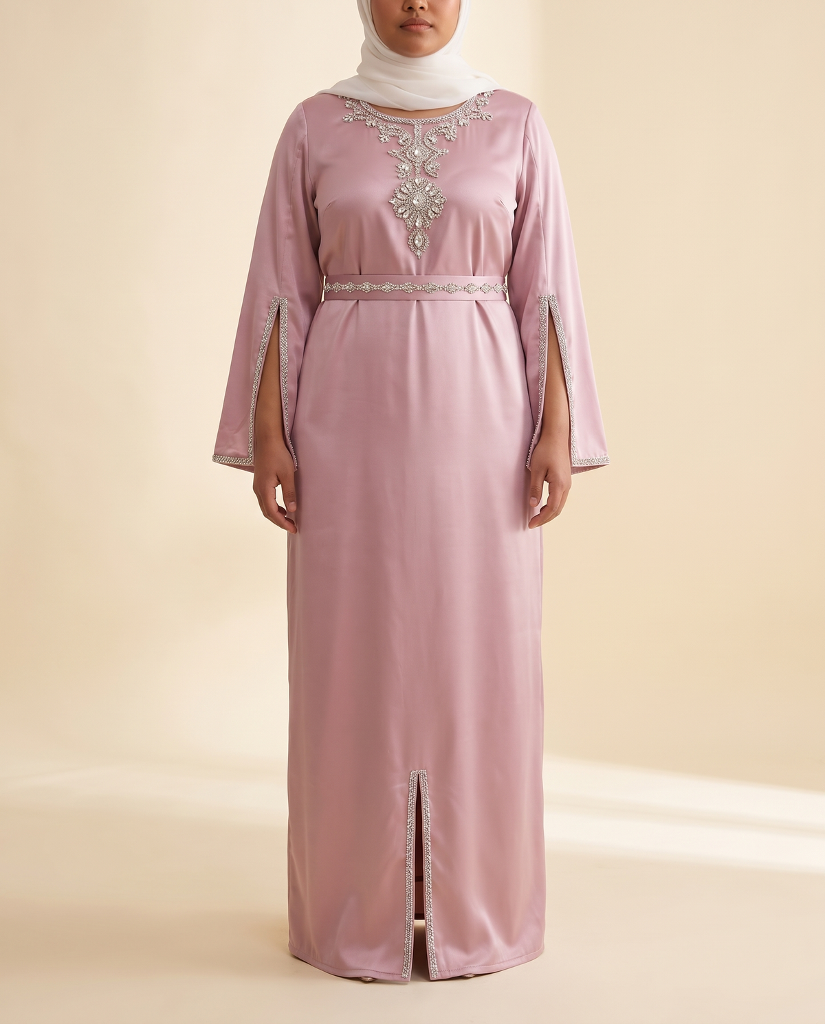 Diamanté split-sleeve satin column dress in Dusty Pink, front