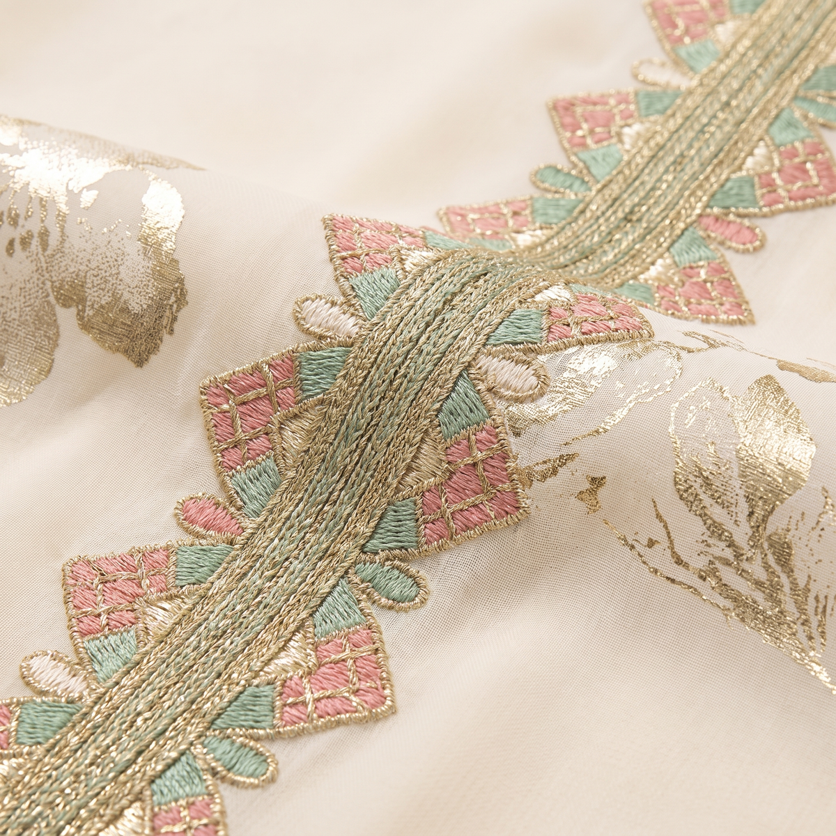 Soraya embroidered belted kaftan — embroidered trim and gold print detail