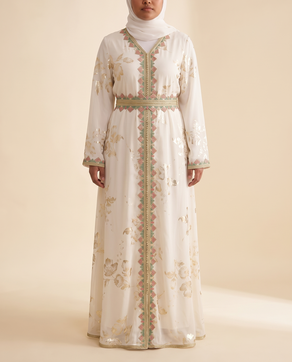 Soraya embroidered belted kaftan in Ivory, front