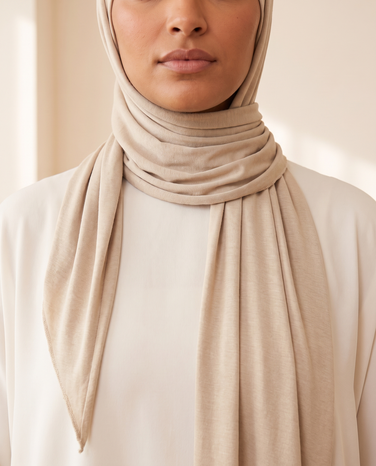 Soft jersey everyday hijab in Sand, worn