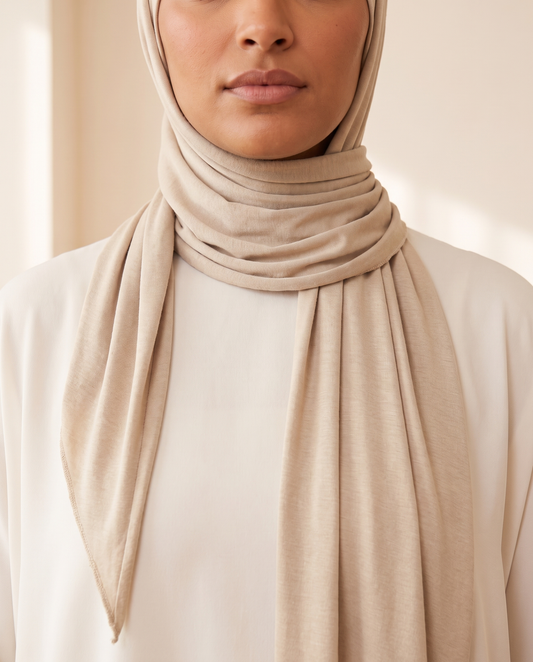 Soft jersey everyday hijab in Sand, worn