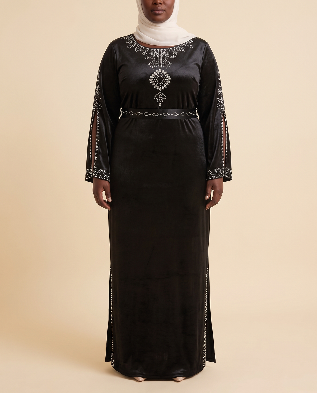 Diamanté split-sleeve satin column dress in Black, front