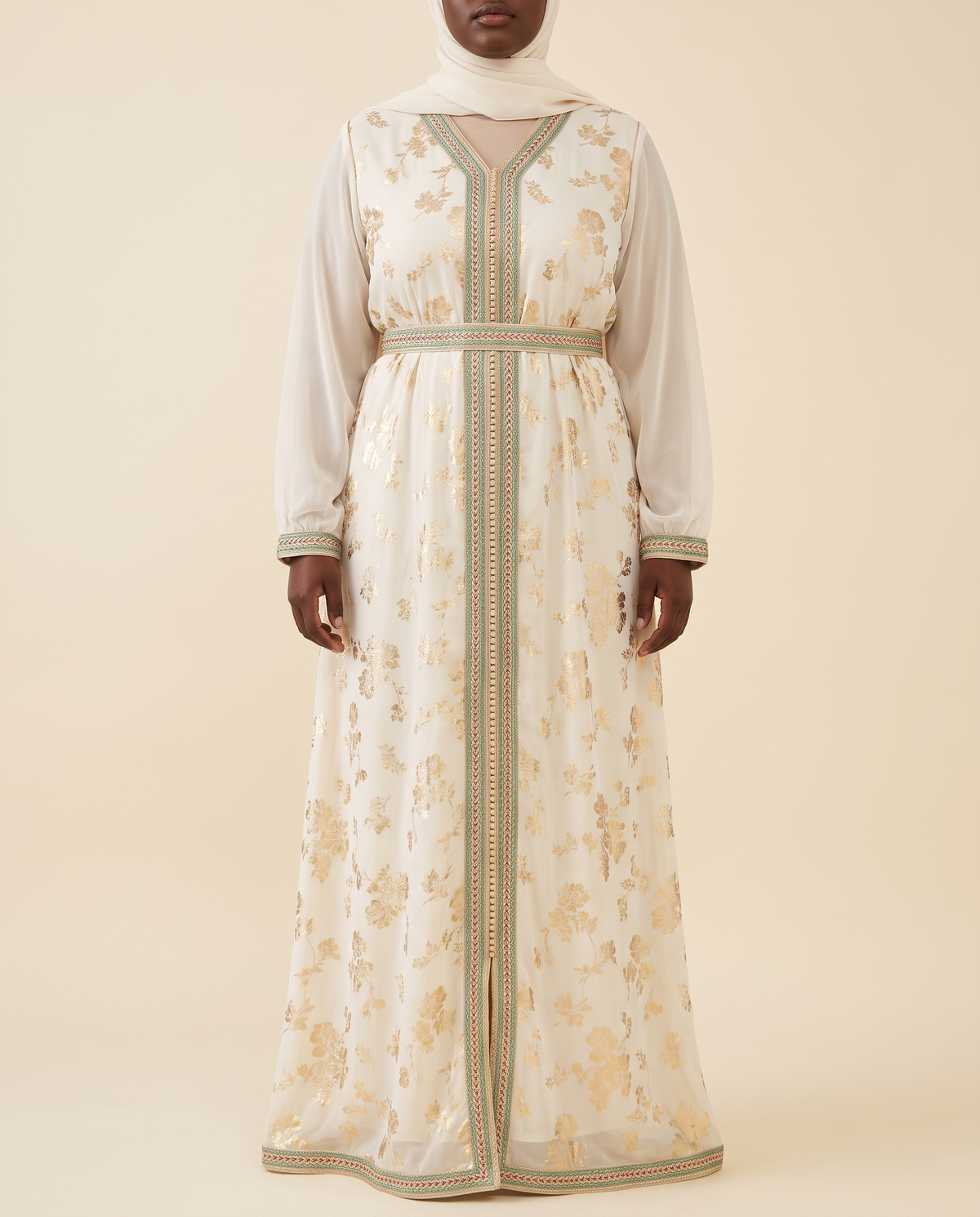 Soraya embroidered belted kaftan in Ivory, front (3)