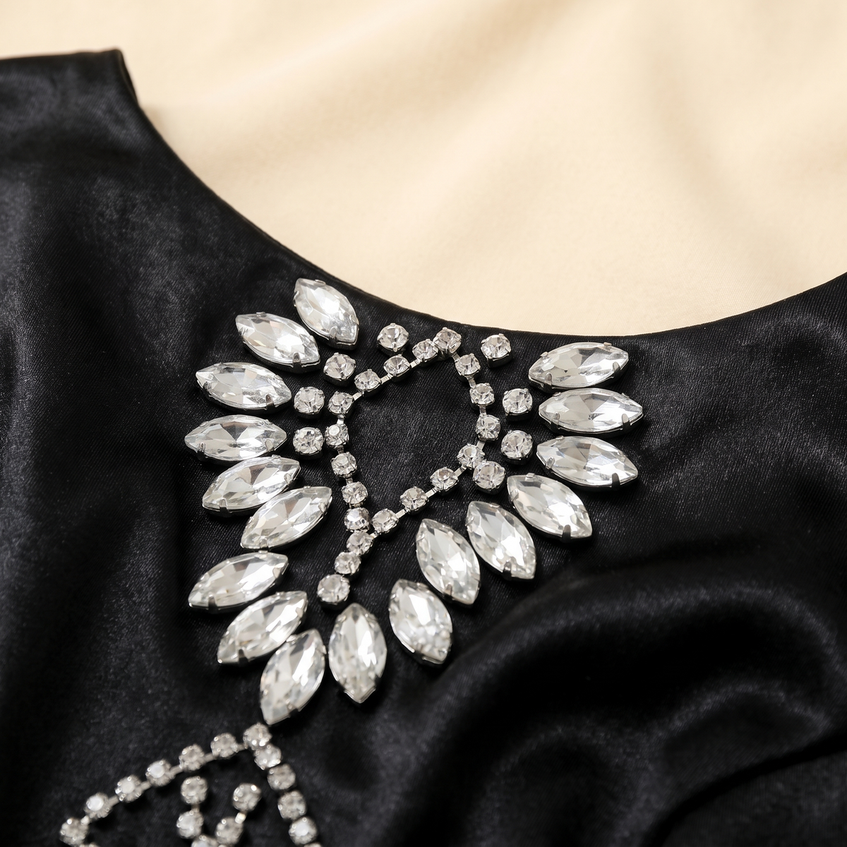 Diamanté split-sleeve satin column dress — diamanté neckline detail