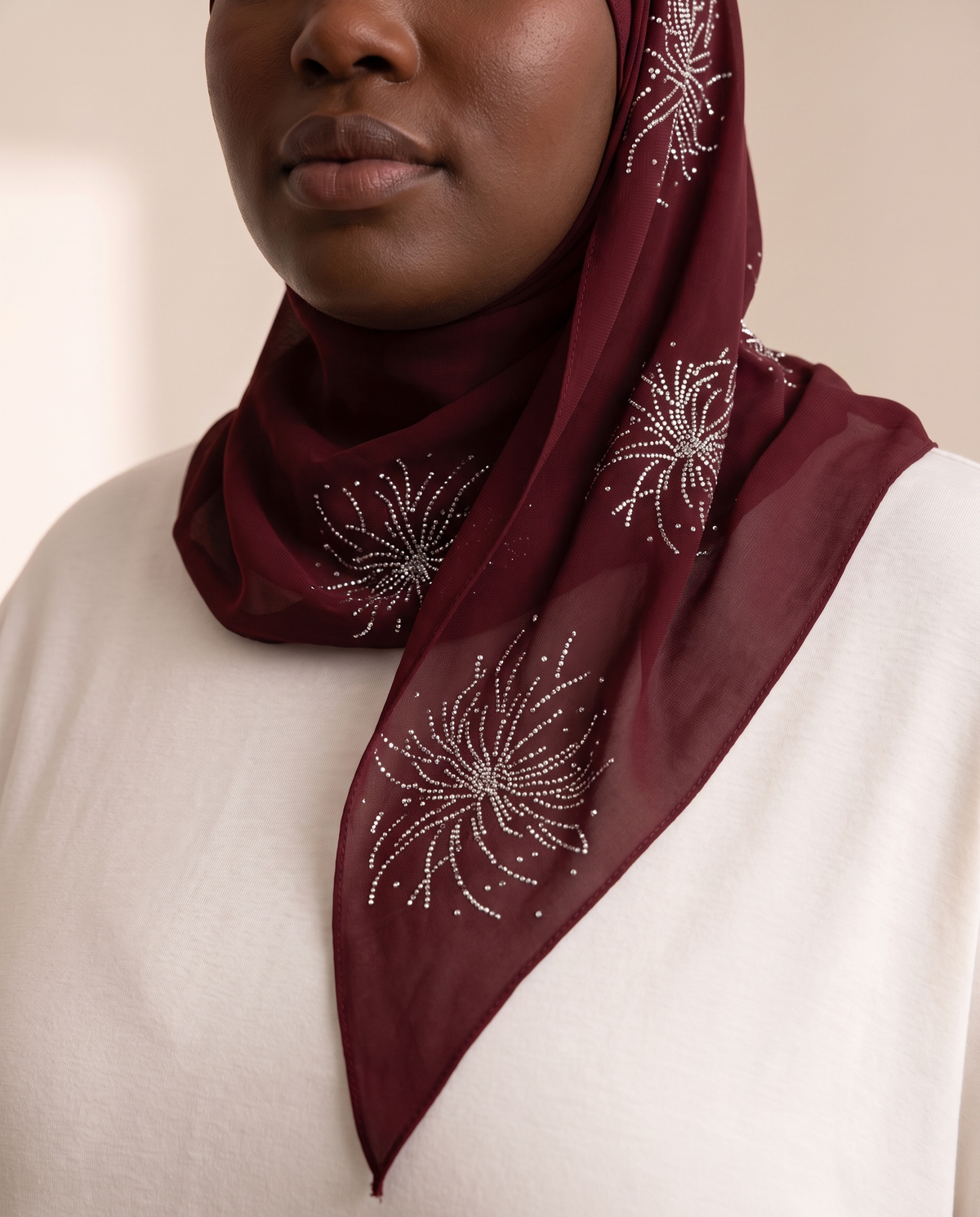 Sundus chiffon instant hijab in Burgundy, worn